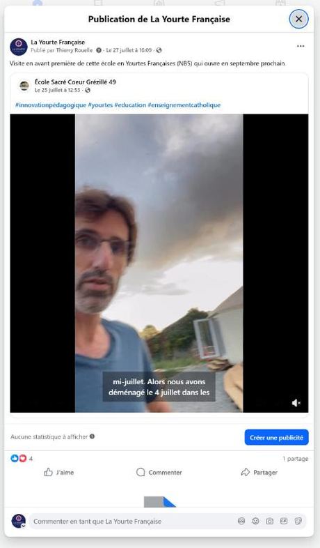 Visite en avant-première de l'école 5 yourtes NB5 (juil. 2026) — publication Facebook École en yourte