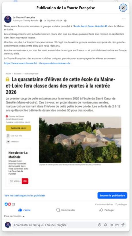 Livraison du groupe scolaire complet — École Sacré Coeur Grézillé 49 (juil. 2026) — publication Facebook École en yourte