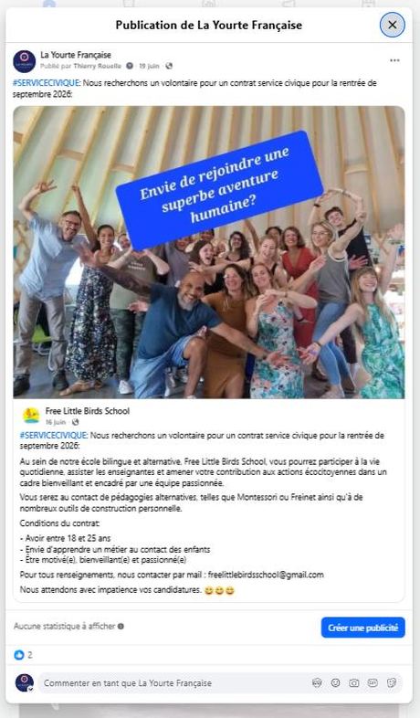 Service civique rentrée 2026 — Free Little Birds School (juin 2026) — publication Facebook École en yourte