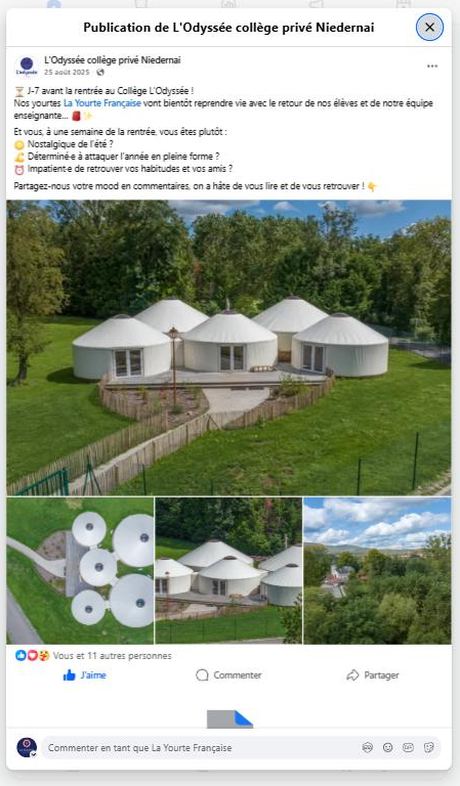 Collège L'Odyssée Niedernai — J-7 avant la rentrée (août 2025) — publication Facebook École en yourte
