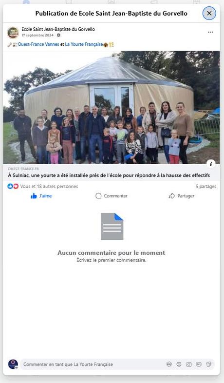 École Saint Jean-Baptiste du Gorvello (Sulniac) — Ouest-France (sept. 2024) — publication Facebook École en yourte