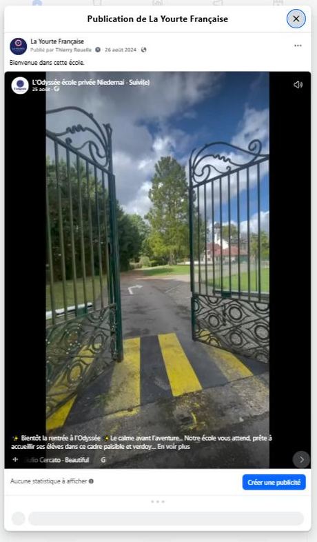 Bienvenue dans cette école — L'Odyssée Niedernai (août 2024) — publication Facebook École en yourte