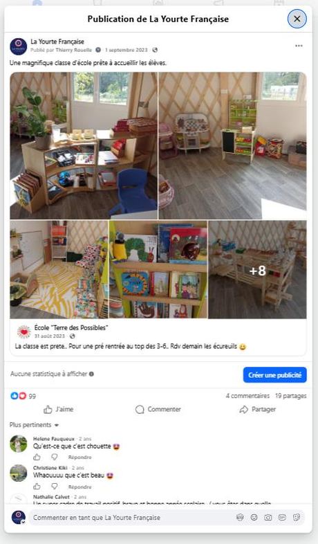 Une magnifique classe d'école prête à accueillir les élèves (sept. 2023) · 99 réactions, 19 partages — publication Facebook École en yourte