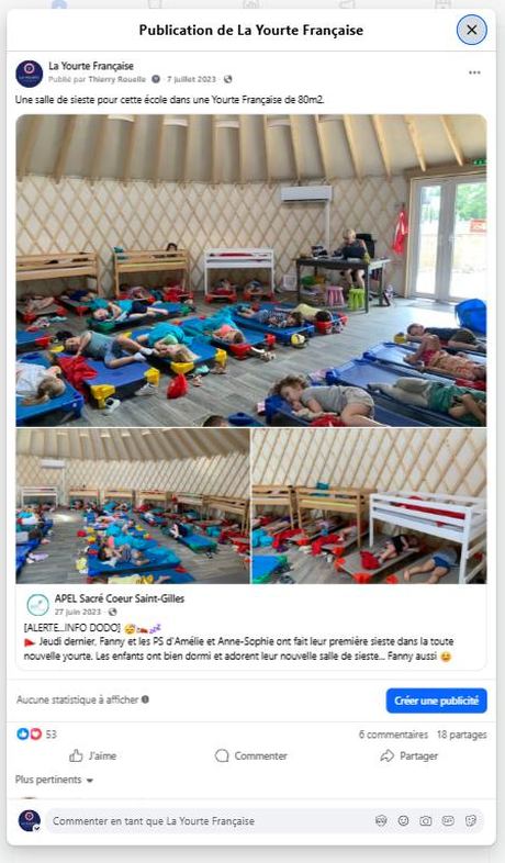 Salle de sieste — APEL Sacré Coeur (juil. 2023) · 53 réactions, 18 partages — publication Facebook École en yourte