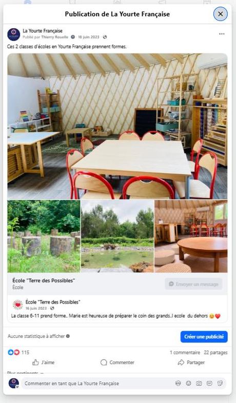 Ces 2 classes d'écoles prennent forme (juin 2023) · 115 réactions, 22 partages — publication Facebook École en yourte