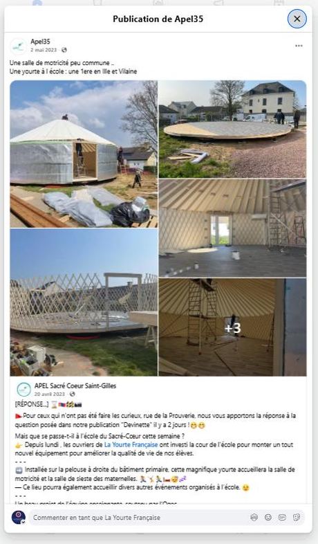 Apel 35 — une yourte à l'école, une 1ère en Ille-et-Vilaine (mai 2023) — publication Facebook École en yourte