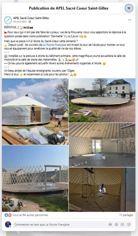APEL Sacré Coeur Saint-Gilles — le chantier de la yourte (avr. 2023) · 65 réactions, 11 partages — publication Facebook École en yourte