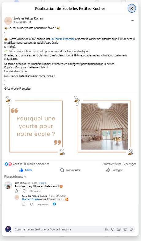 École les Petites Ruches — « Pourquoi une yourte pour notre école ? » (mars 2023) — publication Facebook École en yourte