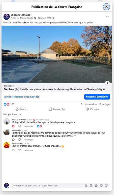 Treffieux (44) installe une yourte pour l'école publique (janv. 2023) · 160 réactions — publication Facebook École en yourte