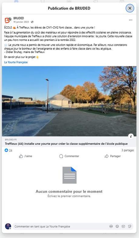 BRUDED — à Treffieux les CM1-CM2 font classe dans une yourte (janv. 2023) — publication Facebook École en yourte