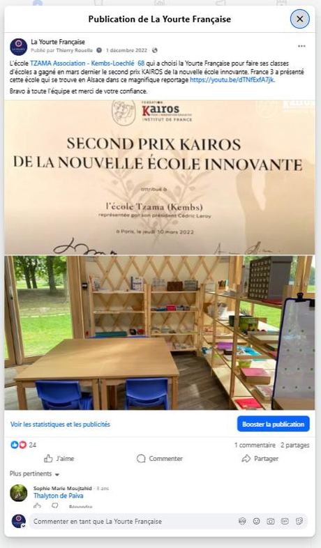 L'école TZAMA — second prix KAIROS de la nouvelle école innovante (déc. 2022) — publication Facebook École en yourte