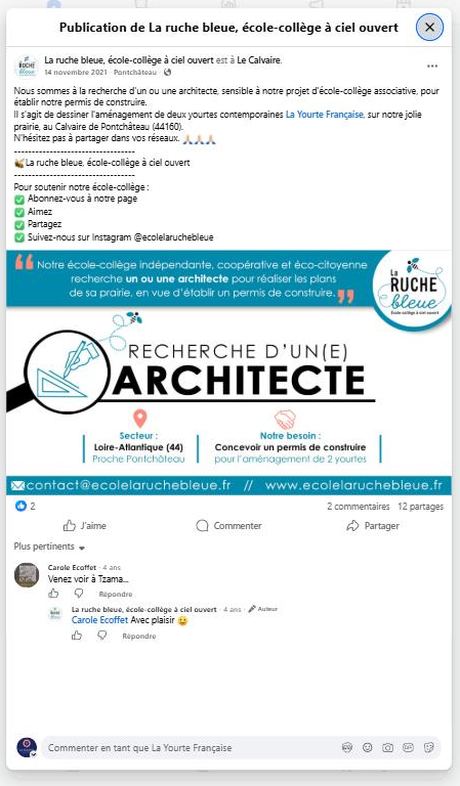 La Ruche Bleue — recherche architecte pour 2 yourtes (nov. 2021) — publication Facebook École en yourte