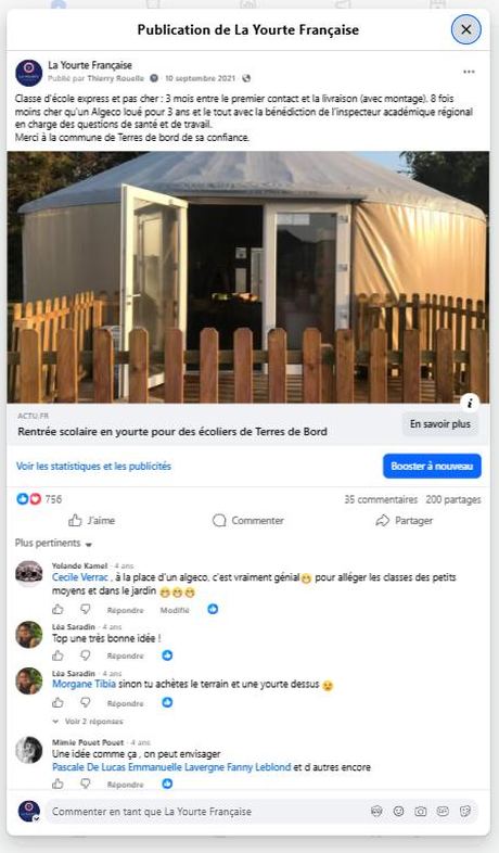Terres de Bord : classe express, 8× moins cher qu'un Algeco (sept. 2021) · 756 réactions, 200 partages — publication Facebook École en yourte