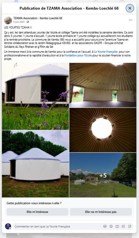 TZAMA Association — les 3 yourtes école-collège installées (juin 2021) — publication Facebook École en yourte
