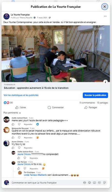 École de la Transition en Vendée — reportage TV Vendée (mars 2021) · 96 réactions — publication Facebook École en yourte