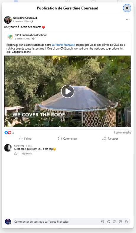 Témoignage — une yourte à l'école des enfants (CIPEC International School, oct. 2020) — publication Facebook École en yourte
