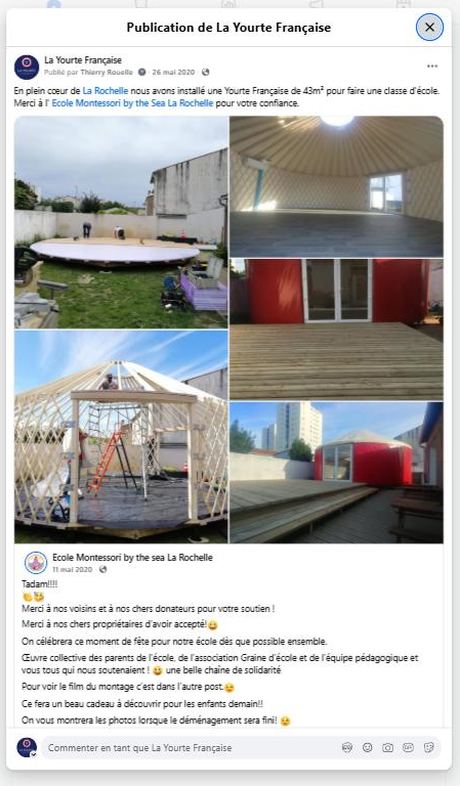 Classe Montessori by the Sea en plein cœur de La Rochelle (mai 2020) — publication Facebook École en yourte