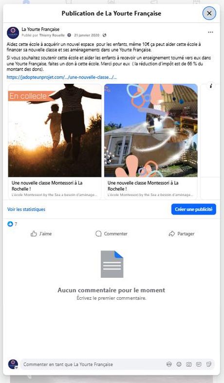 Collecte pour la classe Montessori de La Rochelle (janv. 2020) — publication Facebook École en yourte