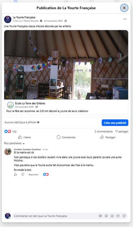 Classe d'école décorée par les enfants — Terre des Enfants (nov. 2019) · 103 réactions, 17 partages — publication Facebook École en yourte