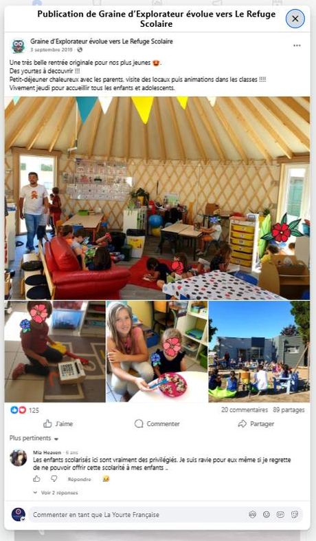 Le Refuge Scolaire — rentrée originale sous yourtes (sept. 2019) · 125 réactions, 89 partages — publication Facebook École en yourte