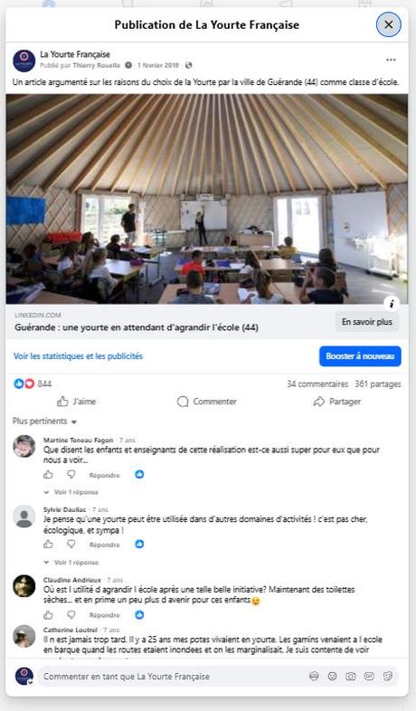 Pourquoi Guérande a choisi la yourte comme classe (févr. 2019) · 844 réactions, 361 partages — publication Facebook École en yourte