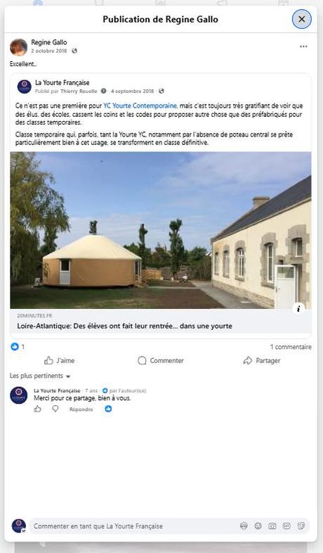 Témoignage — « Excellent » (oct. 2018) — publication Facebook École en yourte