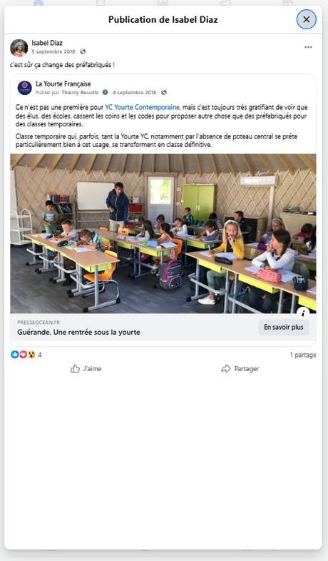 Témoignage — « ça change des préfabriqués ! » (sept. 2018) — publication Facebook École en yourte
