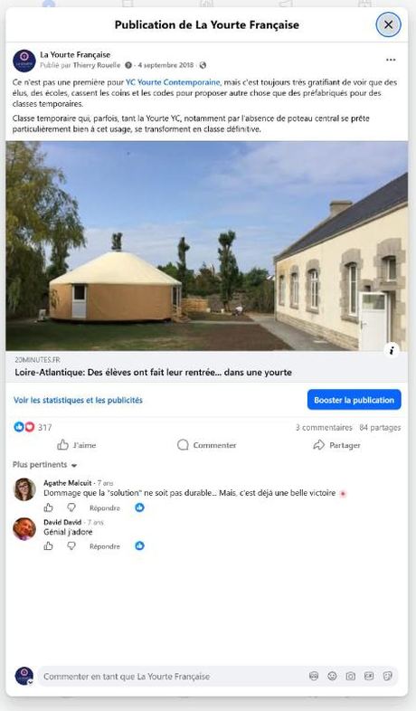 Rentrée à Guérande — 20 Minutes (sept. 2018) · 317 réactions, 84 partages — publication Facebook École en yourte