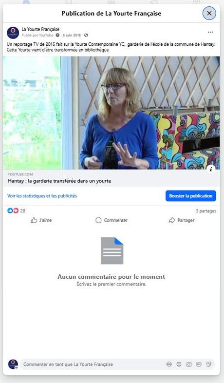Hantay : la garderie de l'école devient bibliothèque — reportage TV (juin 2018) — publication Facebook École en yourte
